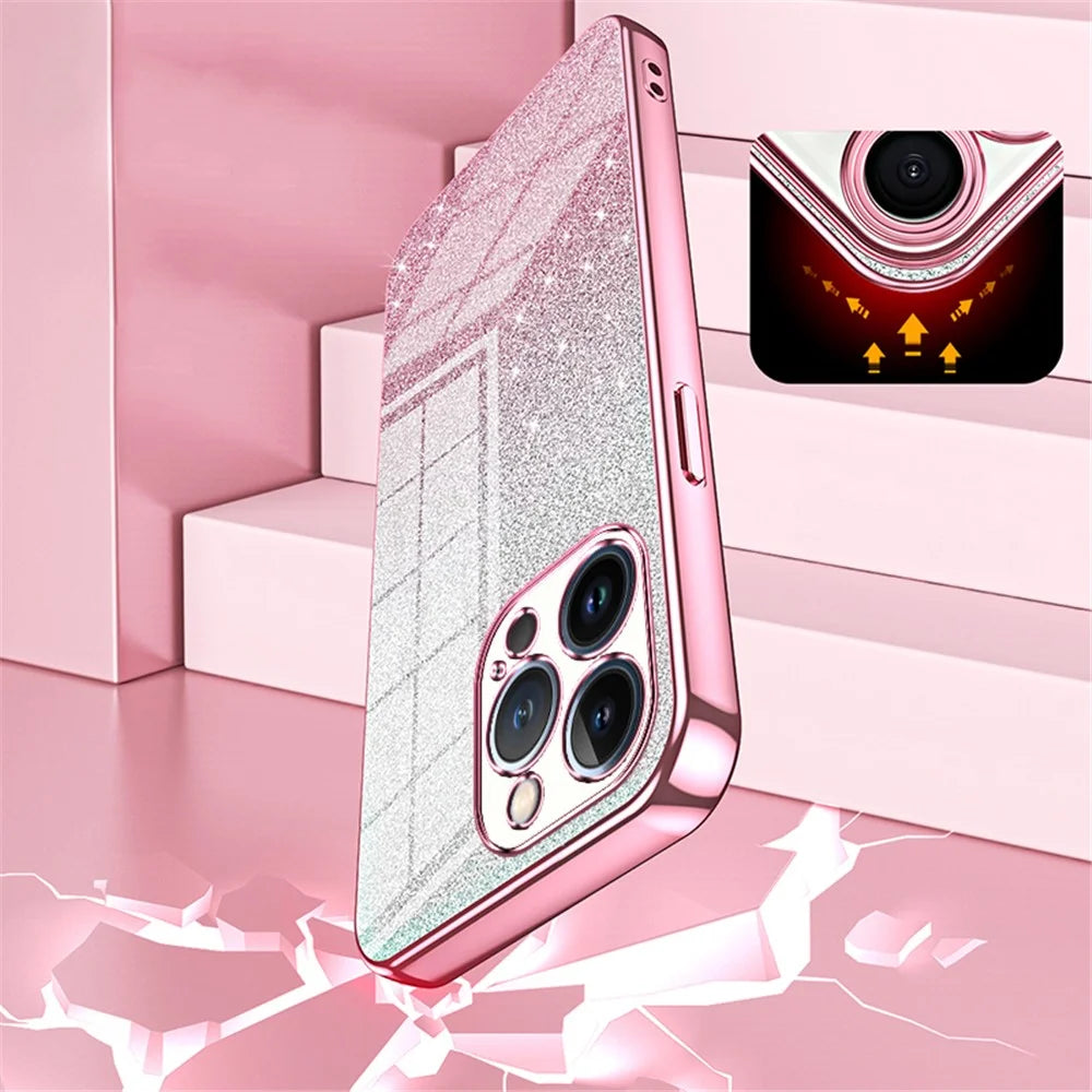 For iPhone 13 Pro Cell Phone Case Precise Cutout Electroplating Gradient Glitter TPU Cover - Pink - 5
