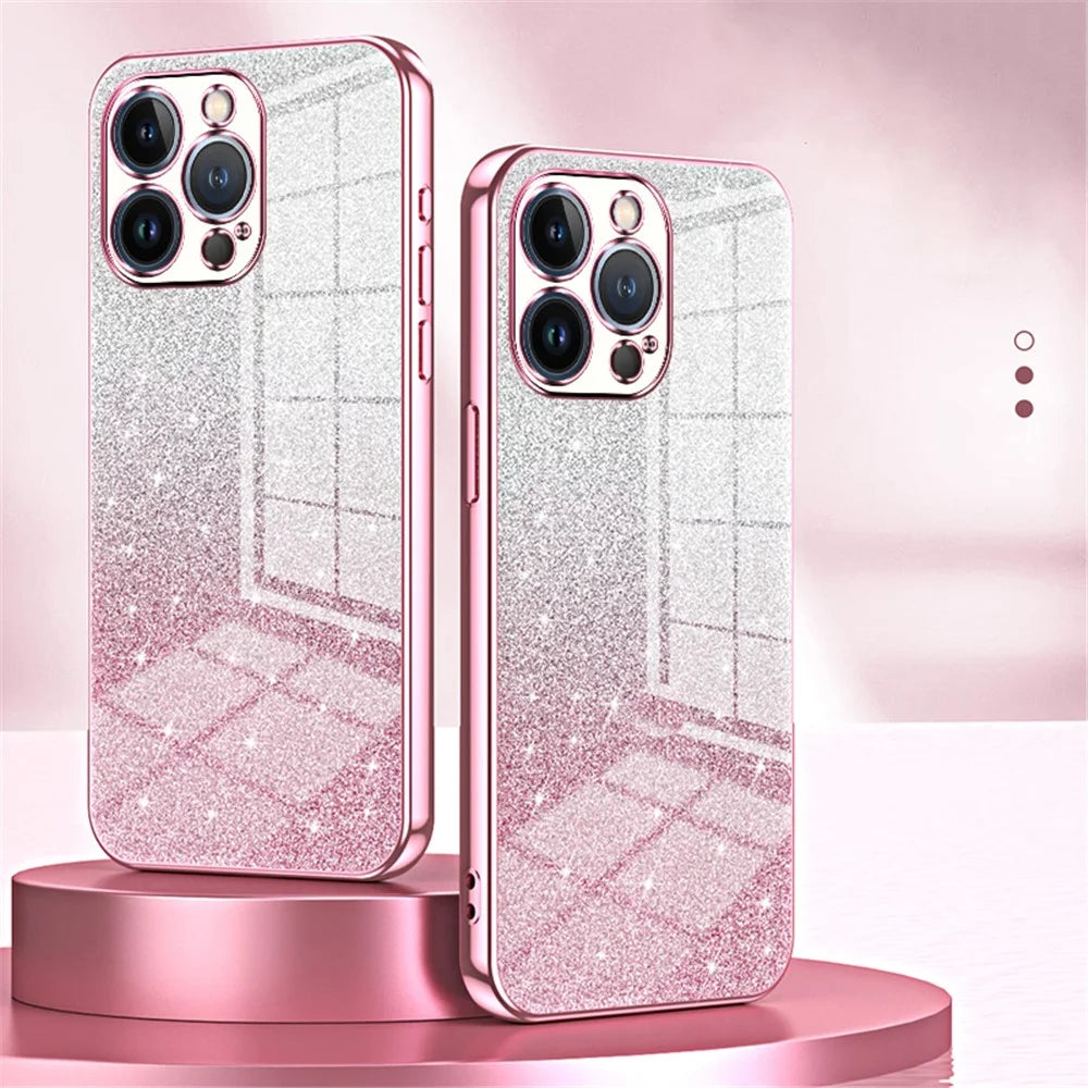 For iPhone 13 Pro Cell Phone Case Precise Cutout Electroplating Gradient Glitter TPU Cover - Pink - 7