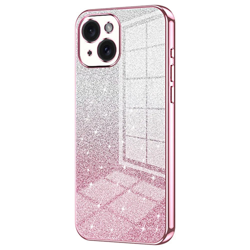 For iPhone 15 Cell Phone Case Precise Cutout Gradient Glitter Anti-drop TPU Cover - Pink - 1