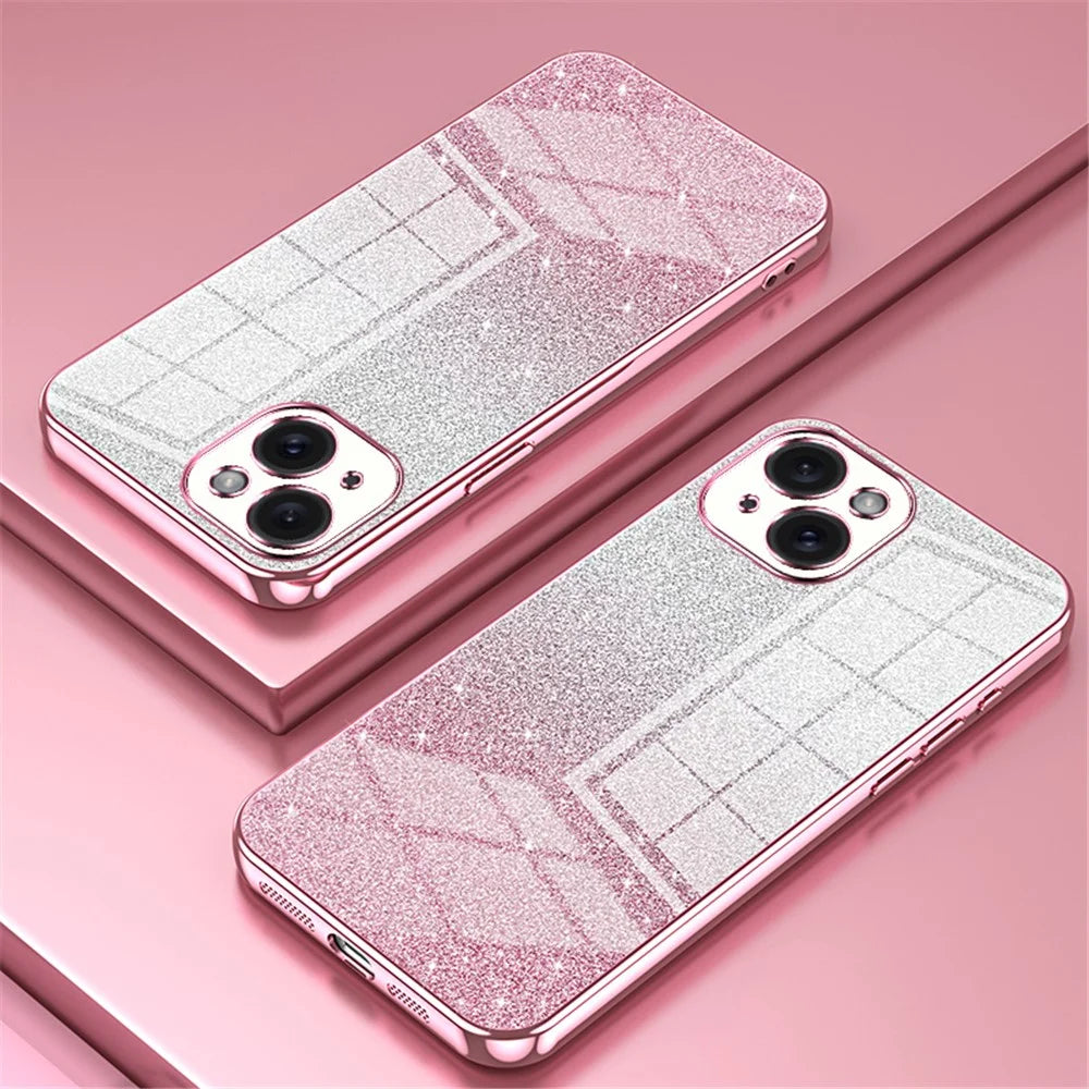 For iPhone 15 Cell Phone Case Precise Cutout Gradient Glitter Anti-drop TPU Cover - Pink - 2