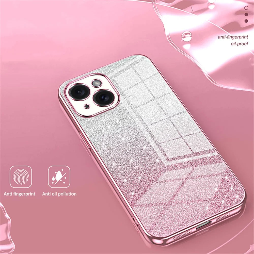 For iPhone 15 Cell Phone Case Precise Cutout Gradient Glitter Anti-drop TPU Cover - Pink - 3