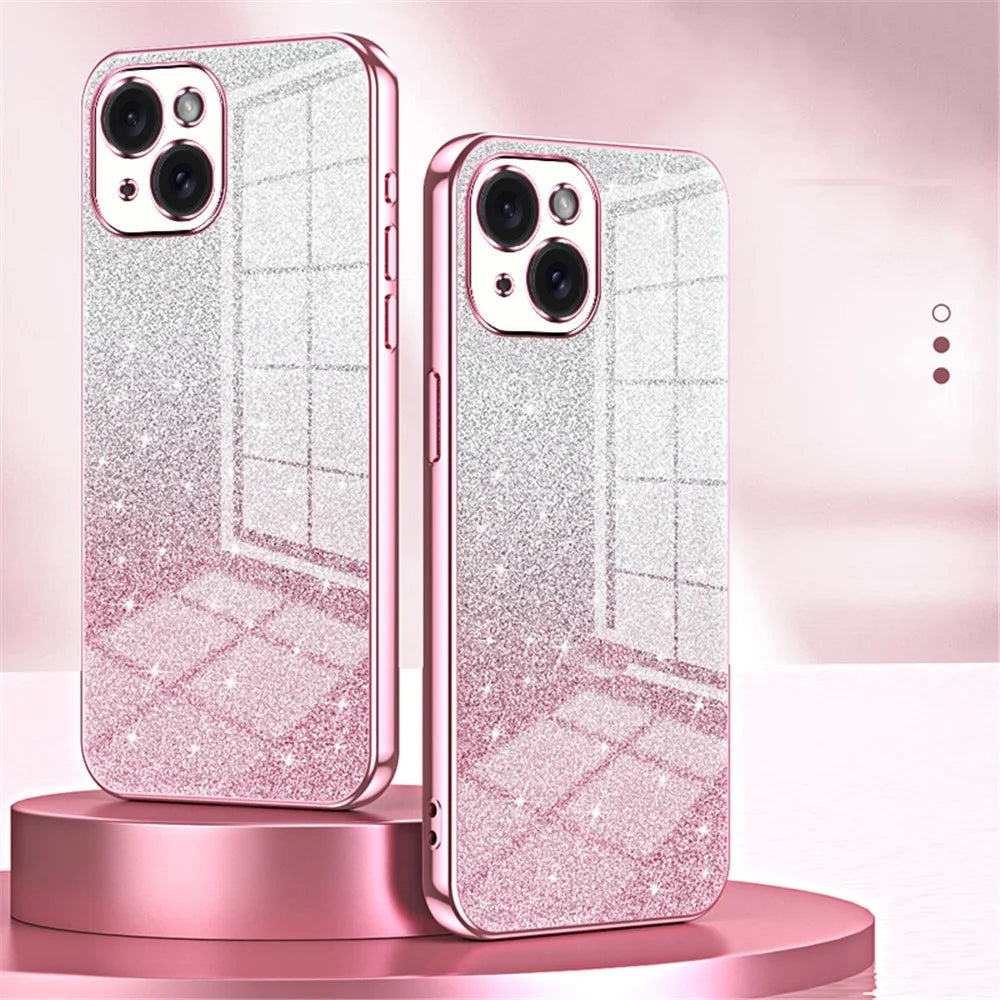 For iPhone 15 Cell Phone Case Precise Cutout Gradient Glitter Anti-drop TPU Cover - Pink - 7