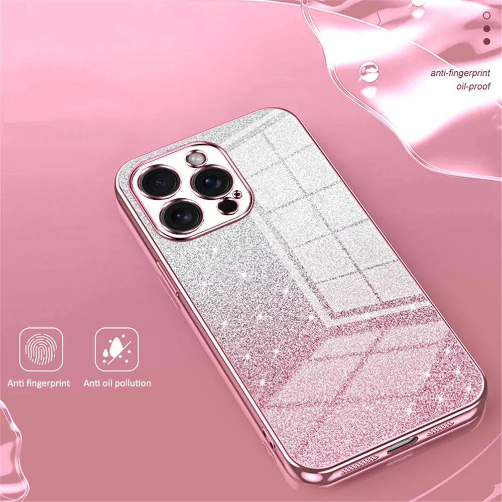 For iPhone 15 Pro Max Cell Phone Case Precise Cutout TPU Electroplating Glitter Cover - Pink - 3