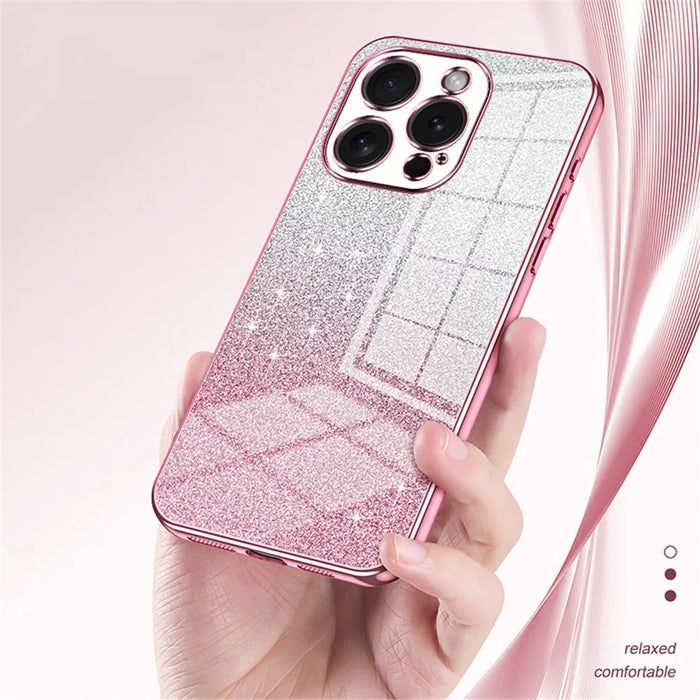 For iPhone 15 Pro Cell Phone Case Glitter Precise Cutout Flexible TPU Electroplating Cover - Pink - 4