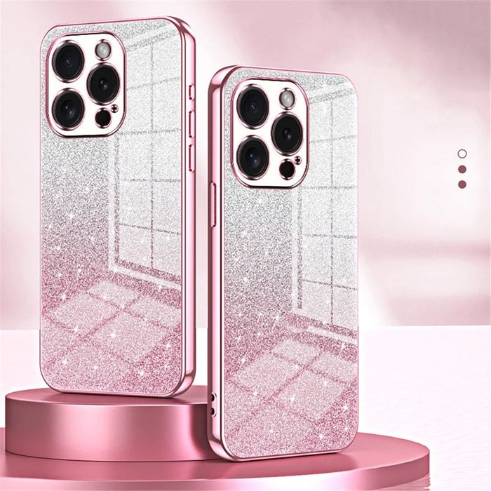 For iPhone 15 Pro Cell Phone Case Glitter Precise Cutout Flexible TPU Electroplating Cover - Pink - 7