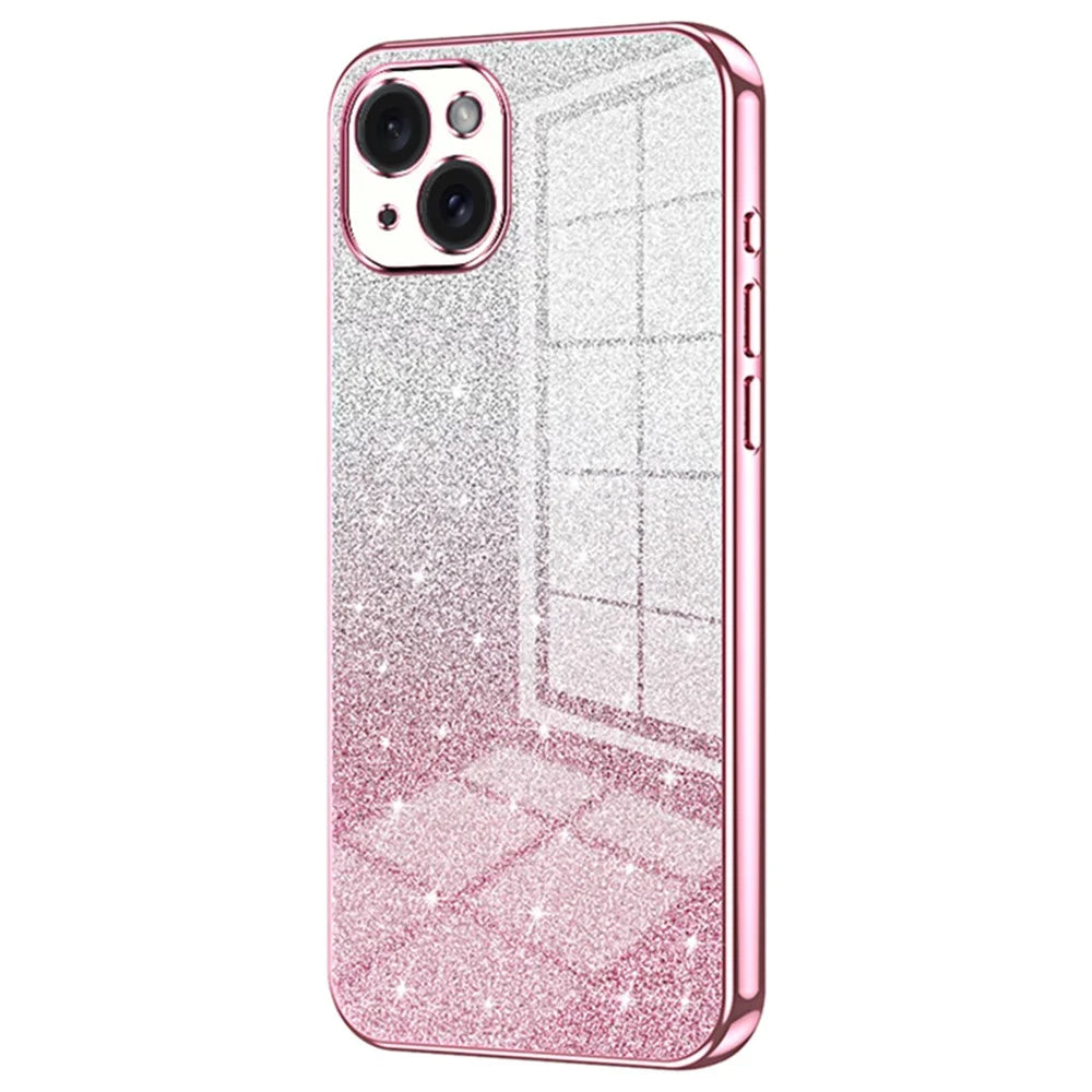 For iPhone 15 Plus Cell Phone Case Shockproof Gradient Glitter Precise Cutout TPU Cover - Pink - 1