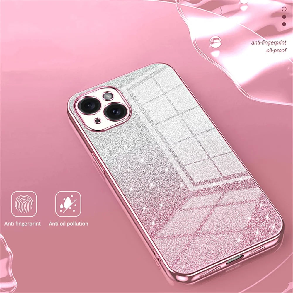 For iPhone 15 Plus Cell Phone Case Shockproof Gradient Glitter Precise Cutout TPU Cover - Pink - 3