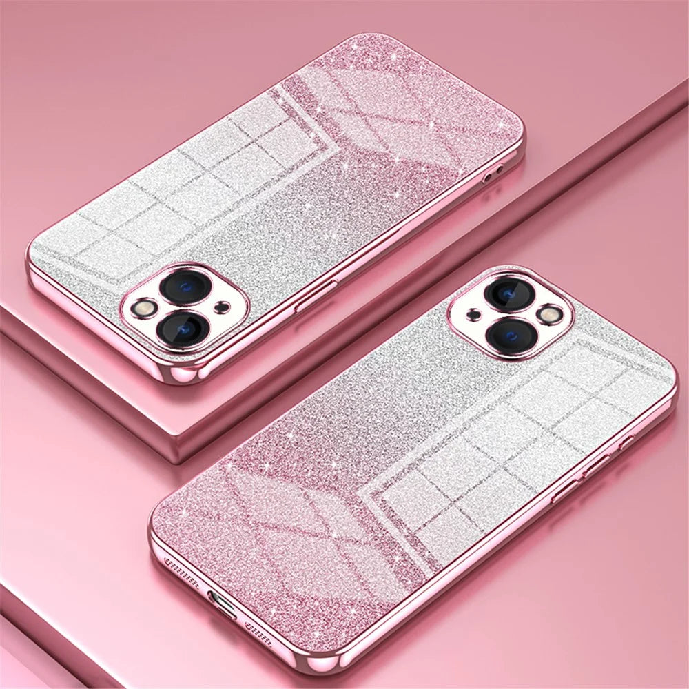 For iPhone 13 Cell Phone Case Gradient Glitter Precise Cutout TPU Protective Cover - Pink - 2