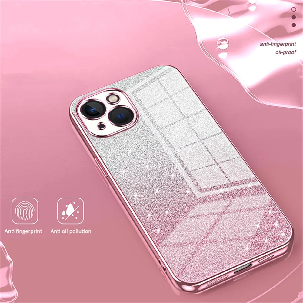 For iPhone 13 Cell Phone Case Gradient Glitter Precise Cutout TPU Protective Cover - Pink - 3