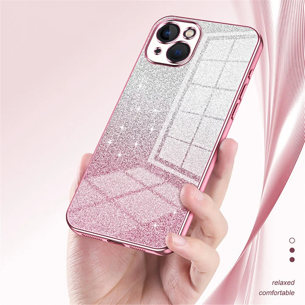 For iPhone 13 Cell Phone Case Gradient Glitter Precise Cutout TPU Protective Cover - Pink - 4