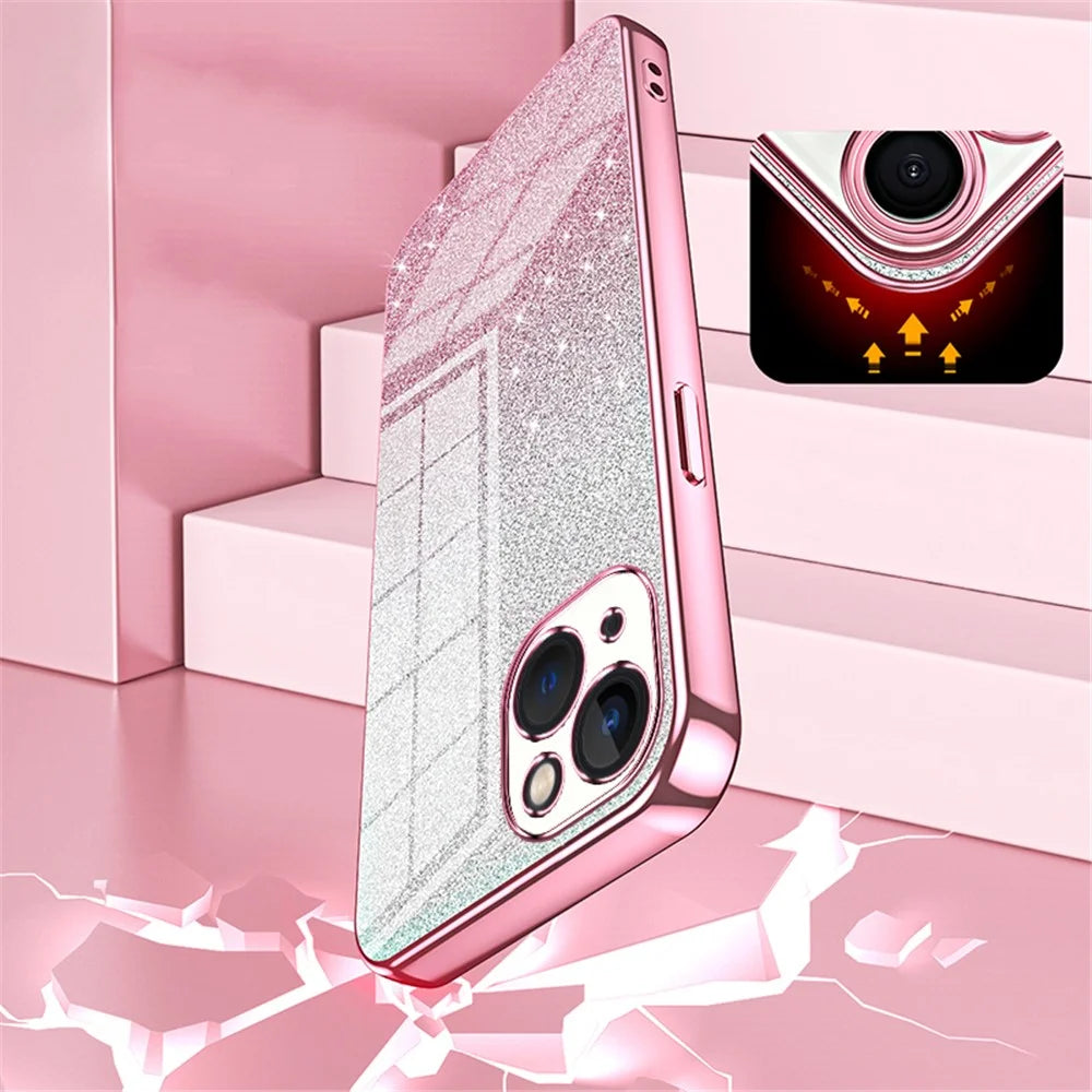 For iPhone 13 Cell Phone Case Gradient Glitter Precise Cutout TPU Protective Cover - Pink - 5