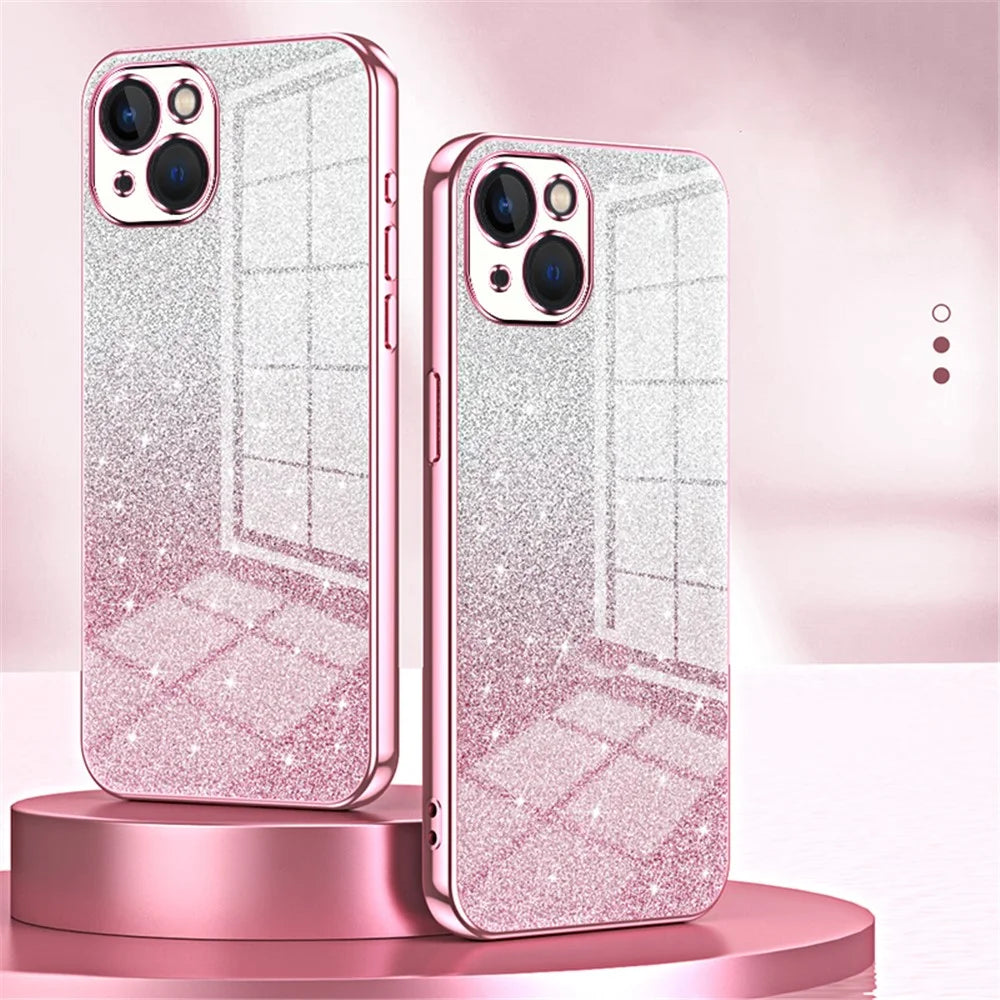 For iPhone 13 Cell Phone Case Gradient Glitter Precise Cutout TPU Protective Cover - Pink - 7