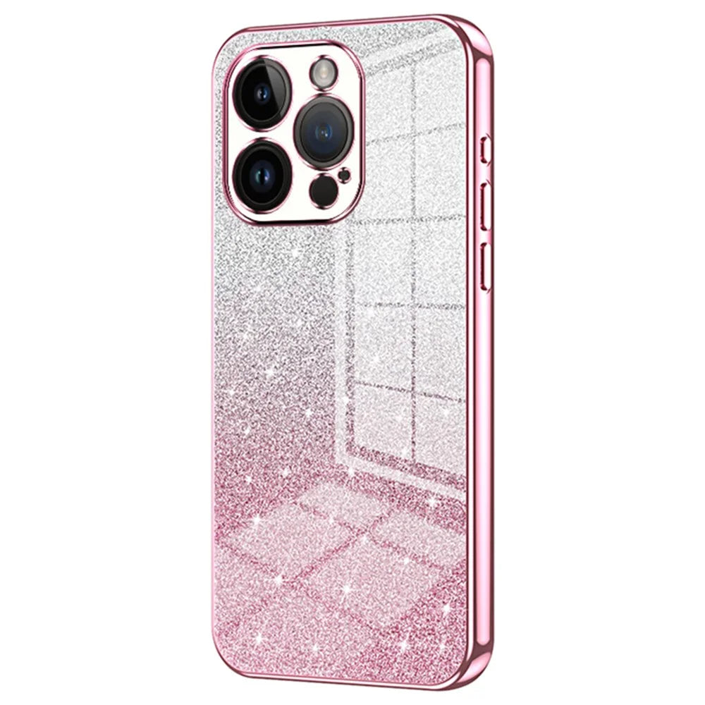 For iPhone 14 Pro Cell Phone Case Gradient Glitter Precise Cutout Anti-scratch TPU Cover - Pink - 1