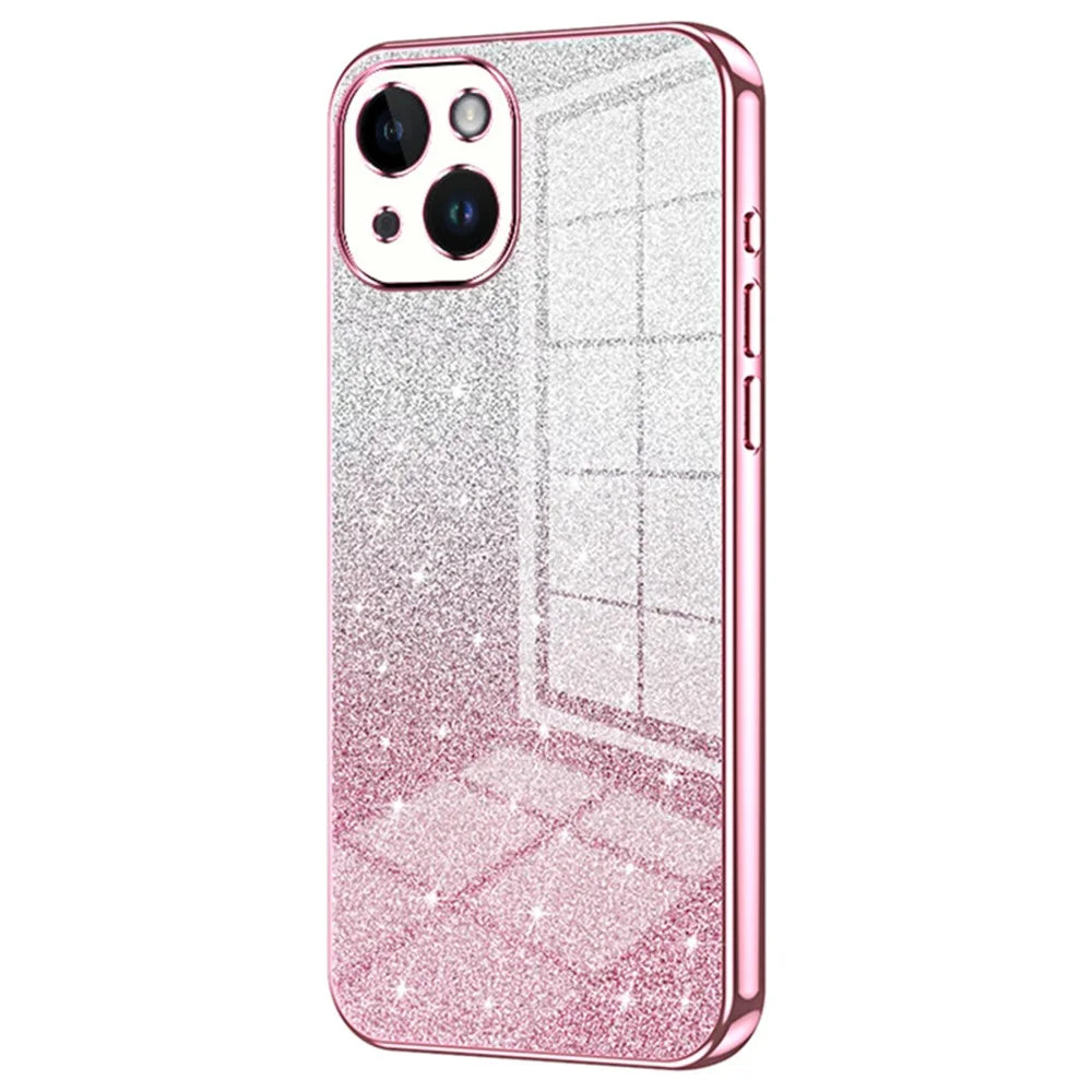 For iPhone 14 Cell Phone Case Gradient Glitter Precise Cutout TPU Back Cover - Pink - 1
