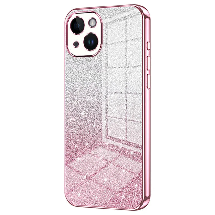 For iPhone 14 Cell Phone Case Gradient Glitter Precise Cutout TPU Back Cover - Pink - 1