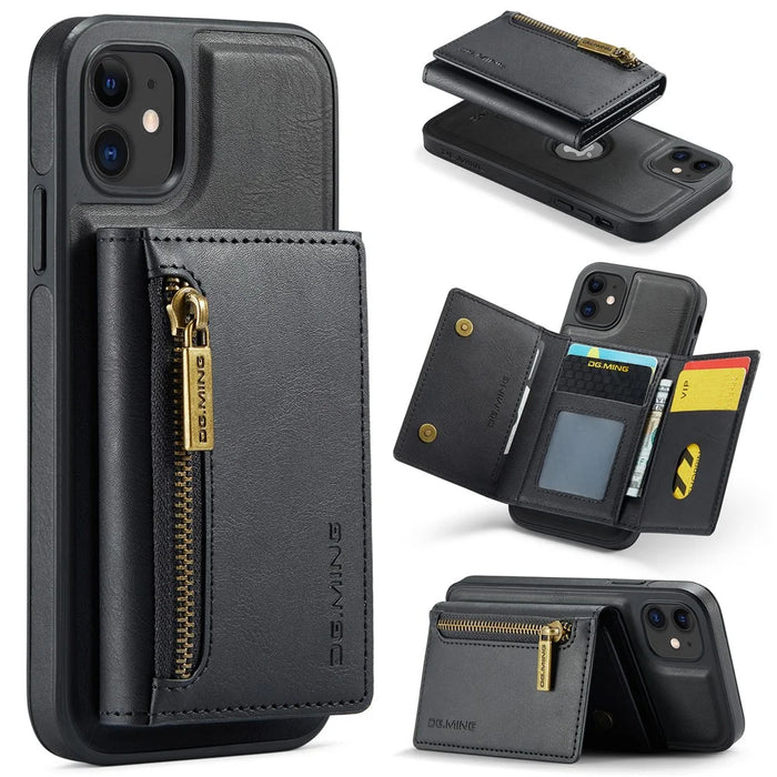 DG.MING M5 Series For iPhone 11 Wallet Case Zipper Pocket Card Slots Phone Cover - Black - 1