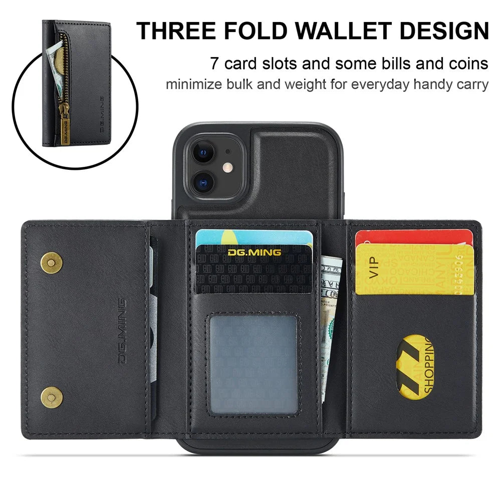 DG.MING M5 Series For iPhone 11 Wallet Case Zipper Pocket Card Slots Phone Cover - Black - 5