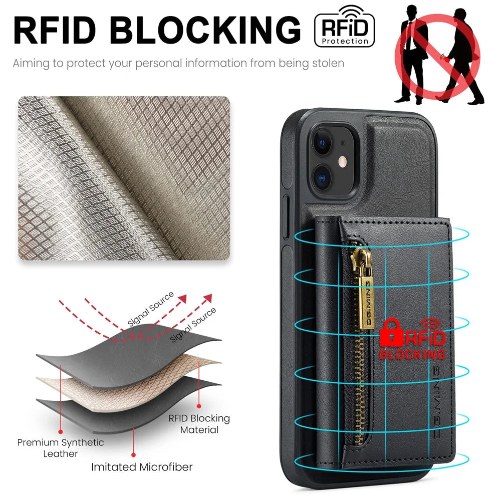 DG.MING M5 Series For iPhone 11 Wallet Case Zipper Pocket Card Slots Phone Cover - Black - 7