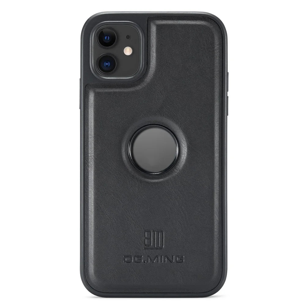 DG.MING For iPhone 11 Phone Case PU Leather Coated PC+TPU Hybrid Protective Cover - Black - 1