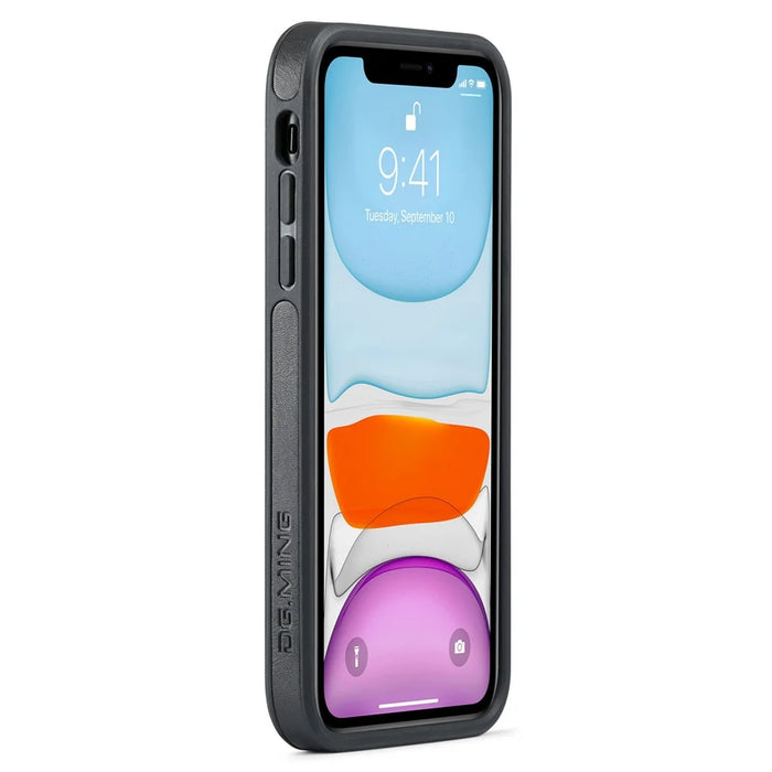DG.MING For iPhone 11 Phone Case PU Leather Coated PC+TPU Hybrid Protective Cover - Black - 3