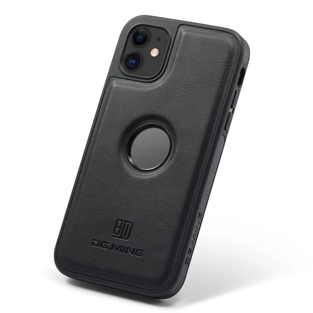 DG.MING For iPhone 11 Phone Case PU Leather Coated PC+TPU Hybrid Protective Cover - Black - 6