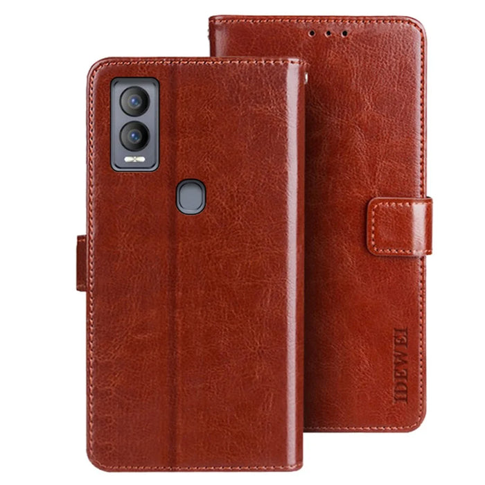 IDEWEI For Cricket Magic 5G Phone Case Shockproof PU Leather Stand Phone Protector - Brown - 1