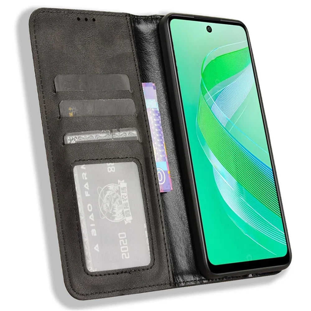 For Infinix Smart 8 4G X6525 / Smart 8 HD 4G Retro PU Leather Phone Case Wallet Stand Cover - Black - 2