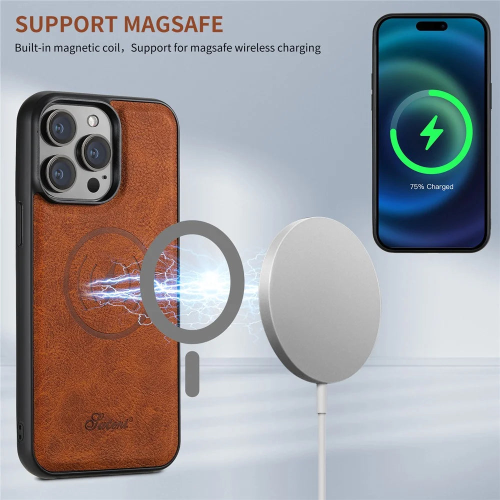 SUTENI H16 For iPhone 14 Pro Max Magnetic Case PU+TPU Anti-fall Detachable Phone Cover - Khaki - 4