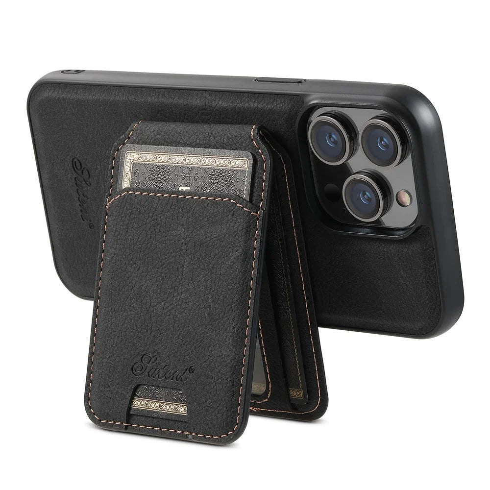 SUTENI H16 For iPhone 15 Pro Case Compatible with MagSafe Litchi Texture PU Leather Cover - Black - 3