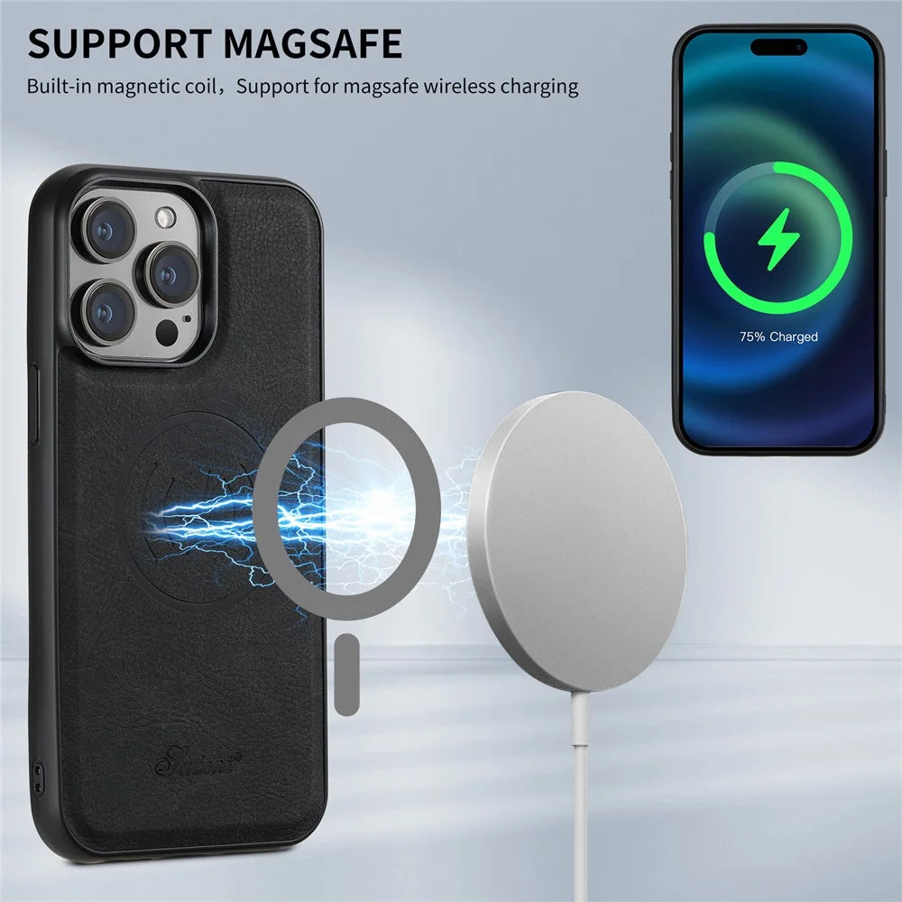 SUTENI H16 For iPhone 15 Pro Case Compatible with MagSafe Litchi Texture PU Leather Cover - Black - 4