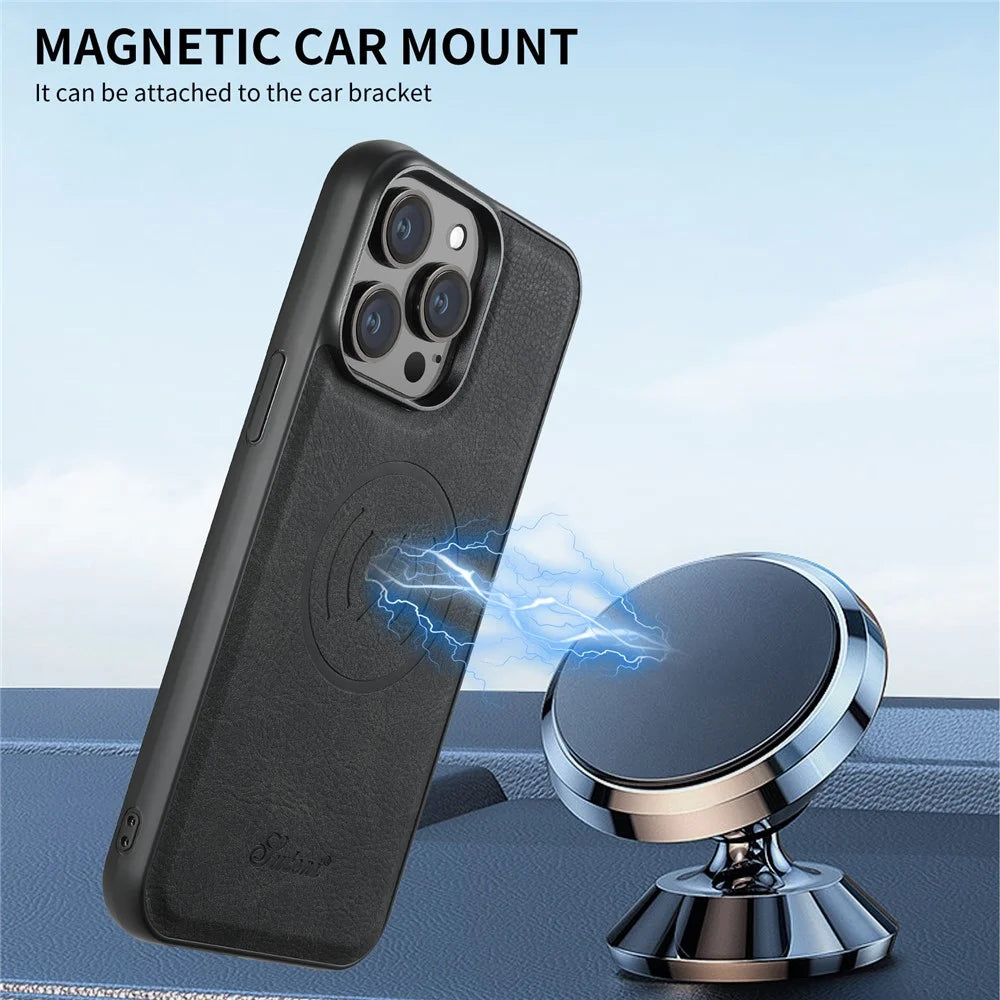 SUTENI H16 For iPhone 15 Pro Case Compatible with MagSafe Litchi Texture PU Leather Cover - Black - 6