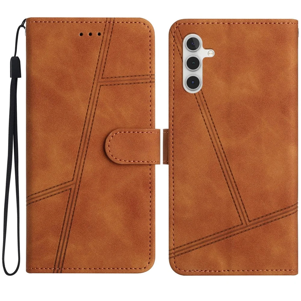 For Samsung Galaxy A35 5G Phone Case Lines Imprinted Leather Wallet Cover - Brown - 1