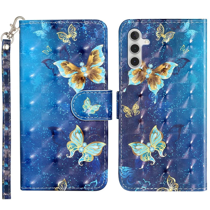 For Samsung Galaxy A35 5G Case 3D Pattern Print Leather Wallet Cellphone Cover - Blue Gold Butterflies - 1