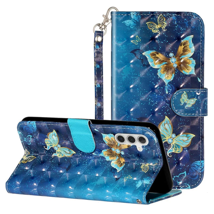 For Samsung Galaxy A35 5G Case 3D Pattern Print Leather Wallet Cellphone Cover - Blue Gold Butterflies - 5