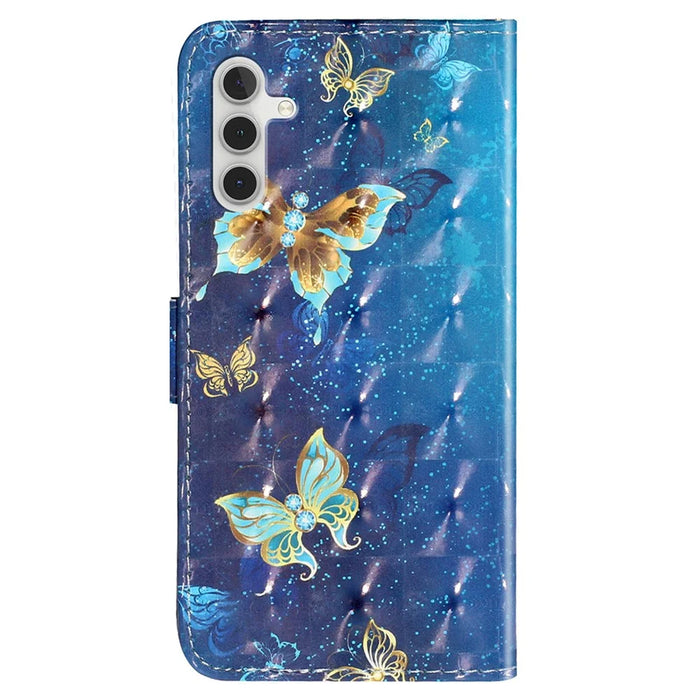 For Samsung Galaxy A35 5G Case 3D Pattern Print Leather Wallet Cellphone Cover - Blue Gold Butterflies - 7