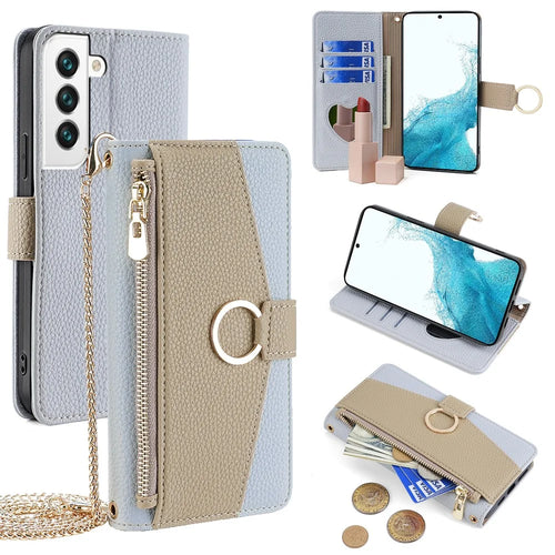For Samsung Galaxy S22 5G Magnetic Case Leather Zipper Pocket Phone Guard Cover with Finger Ring - Blue - 1