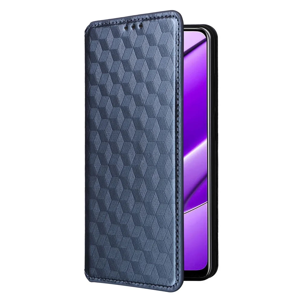 For Realme 11 4G (159.9x73.3x7.95mm) Wallet Phone Case Rhombus Pattern PU Leather Cover - Blue - 5