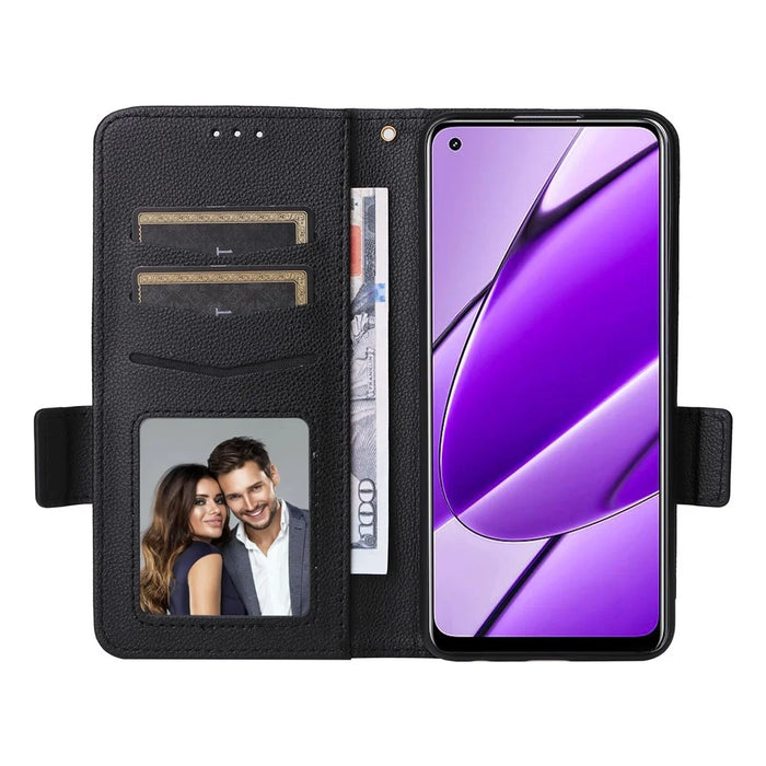 For Realme 11 4G (159.9x73.3x7.95mm) PU Leather Case Wallet Flip Protective Phone Cover - Black - 2