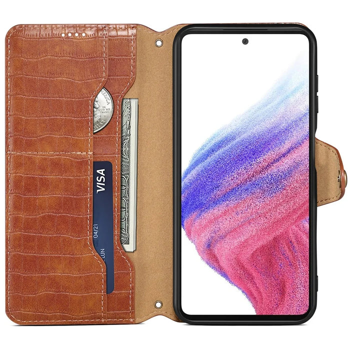 For Samsung Galaxy S24 Case Leather Crocodile Texture Phone Stand Cover - Brown - 2