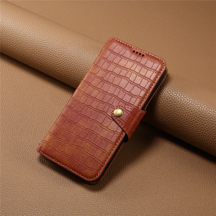 For Samsung Galaxy S24 Case Leather Crocodile Texture Phone Stand Cover - Brown - 7