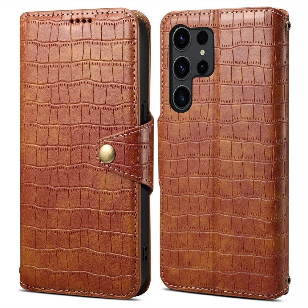 For Samsung Galaxy S24 Ultra Cell Phone Case Drop-proof Crocodile Texture Cover - Brown - 1