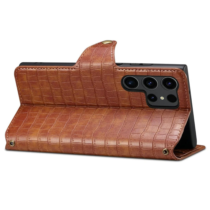 For Samsung Galaxy S24 Ultra Cell Phone Case Drop-proof Crocodile Texture Cover - Brown - 3