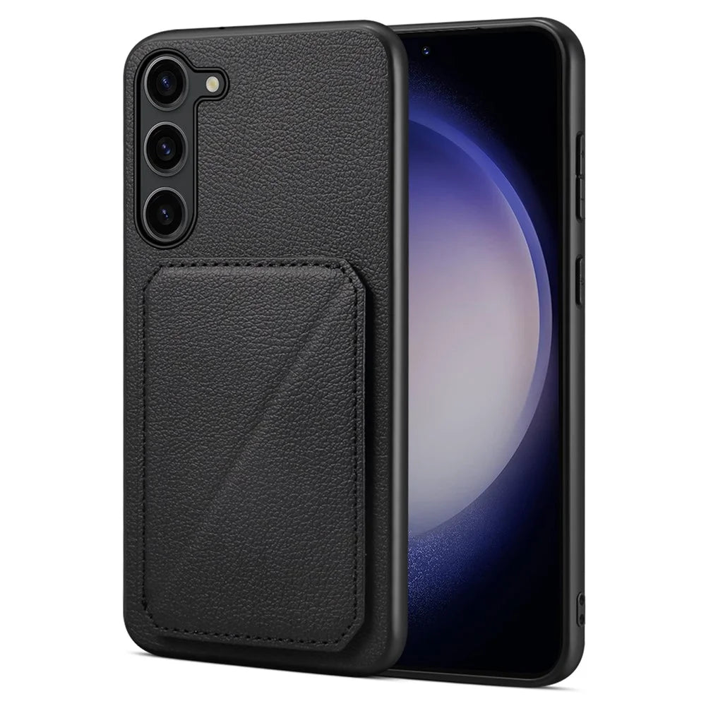 For Samsung Galaxy S24 Cell Phone Case Leather+PC+TPU Back Cover with Hidden Card Holder - Black - 1