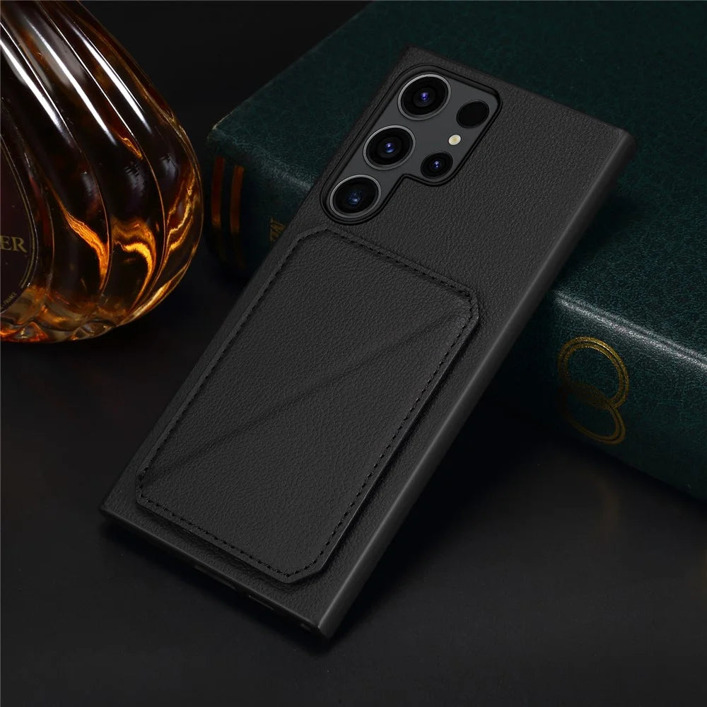 For Samsung Galaxy S24 Ultra Cell Phone Case Leather+PC+TPU Card Holder Anti-drop Cover - Black - 6
