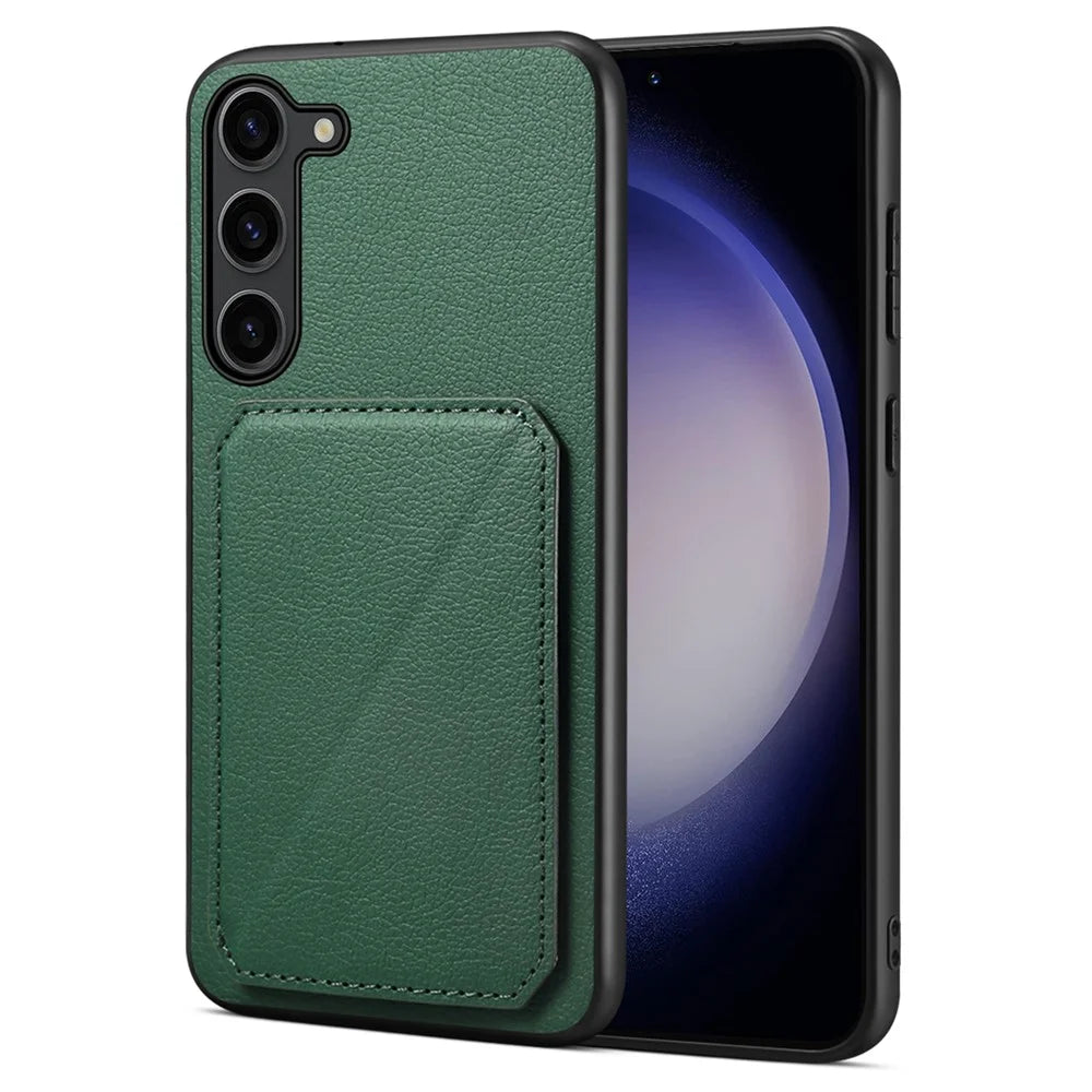 For Samsung Galaxy S24+ Cover Card Holder Kickstand Leather+PC+TPU Cell Phone Case - Green - 1