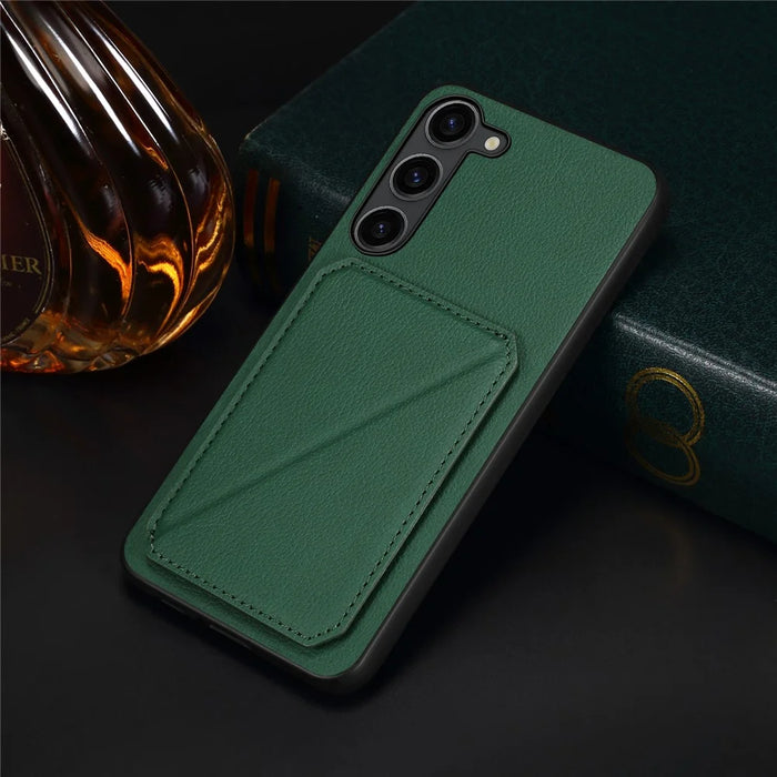 For Samsung Galaxy S24+ Cover Card Holder Kickstand Leather+PC+TPU Cell Phone Case - Green - 7