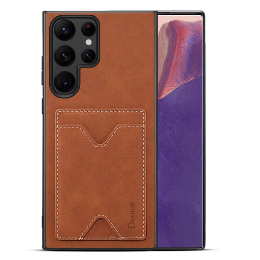 DENIOR For Samsung Galaxy S24 Ultra Case Leather+TPU Phone Kickstand Cover with Card Holder - Brown - 1