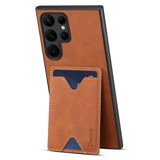 DENIOR For Samsung Galaxy S24 Ultra Case Leather+TPU Phone Kickstand Cover with Card Holder - Brown - 2