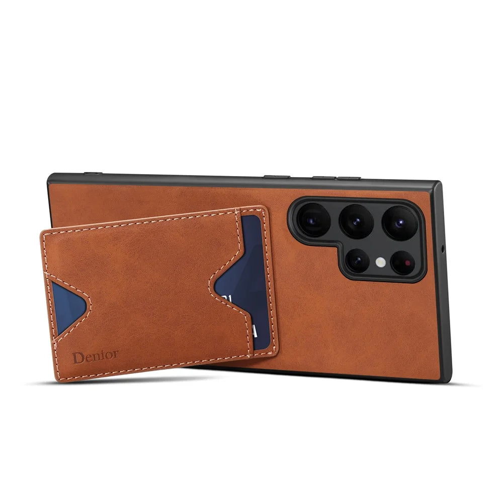 DENIOR For Samsung Galaxy S24 Ultra Case Leather+TPU Phone Kickstand Cover with Card Holder - Brown - 4