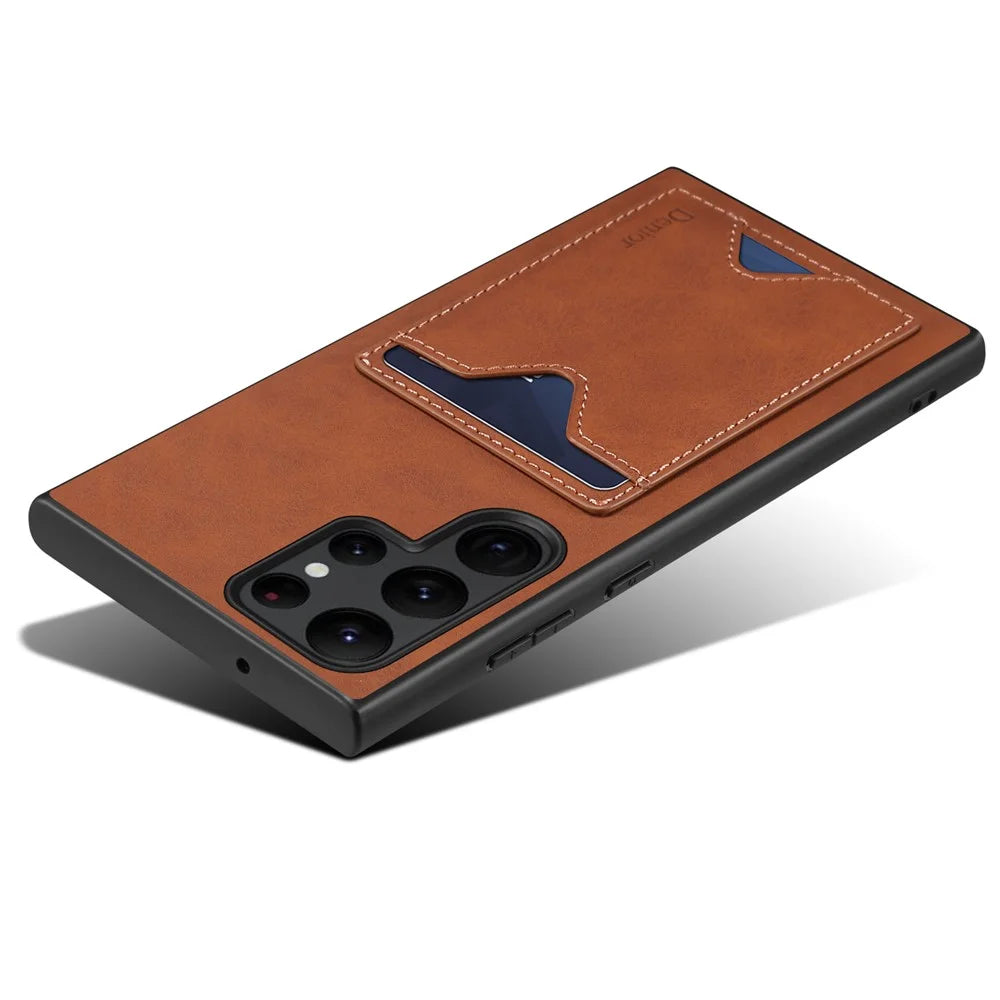 DENIOR For Samsung Galaxy S24 Ultra Case Leather+TPU Phone Kickstand Cover with Card Holder - Brown - 5
